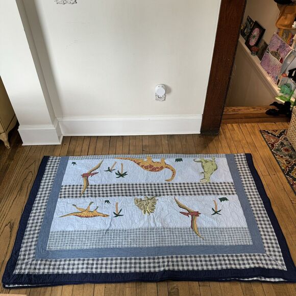 Pottery Barn Kids Twin Dinosaur Quilt Blue Denim Plaid Patchwork Rare - Picture 7 of 9